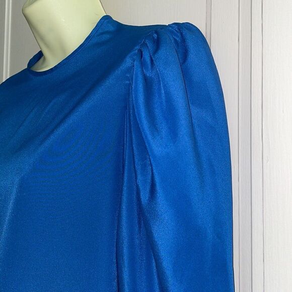 Vintage 80sâroyal blue polyester gathered shoulder long sleeveâblouse - Picture 4 of 9